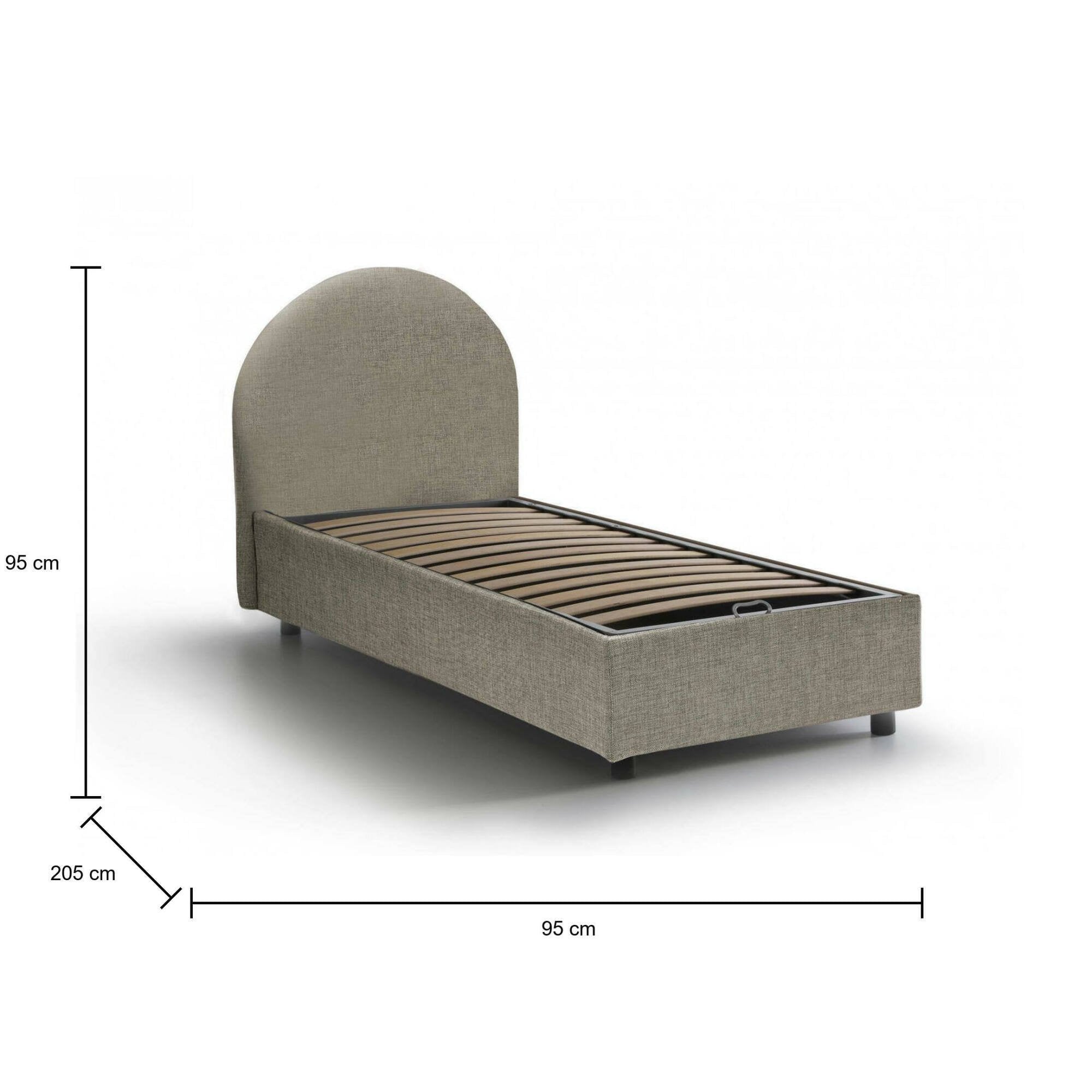 Letto singolo Amantea, Letto contenitore con rivestimento in tessuto, Made in Italy, Apertura frontale, adatto per materasso cm 80x190, Tortora