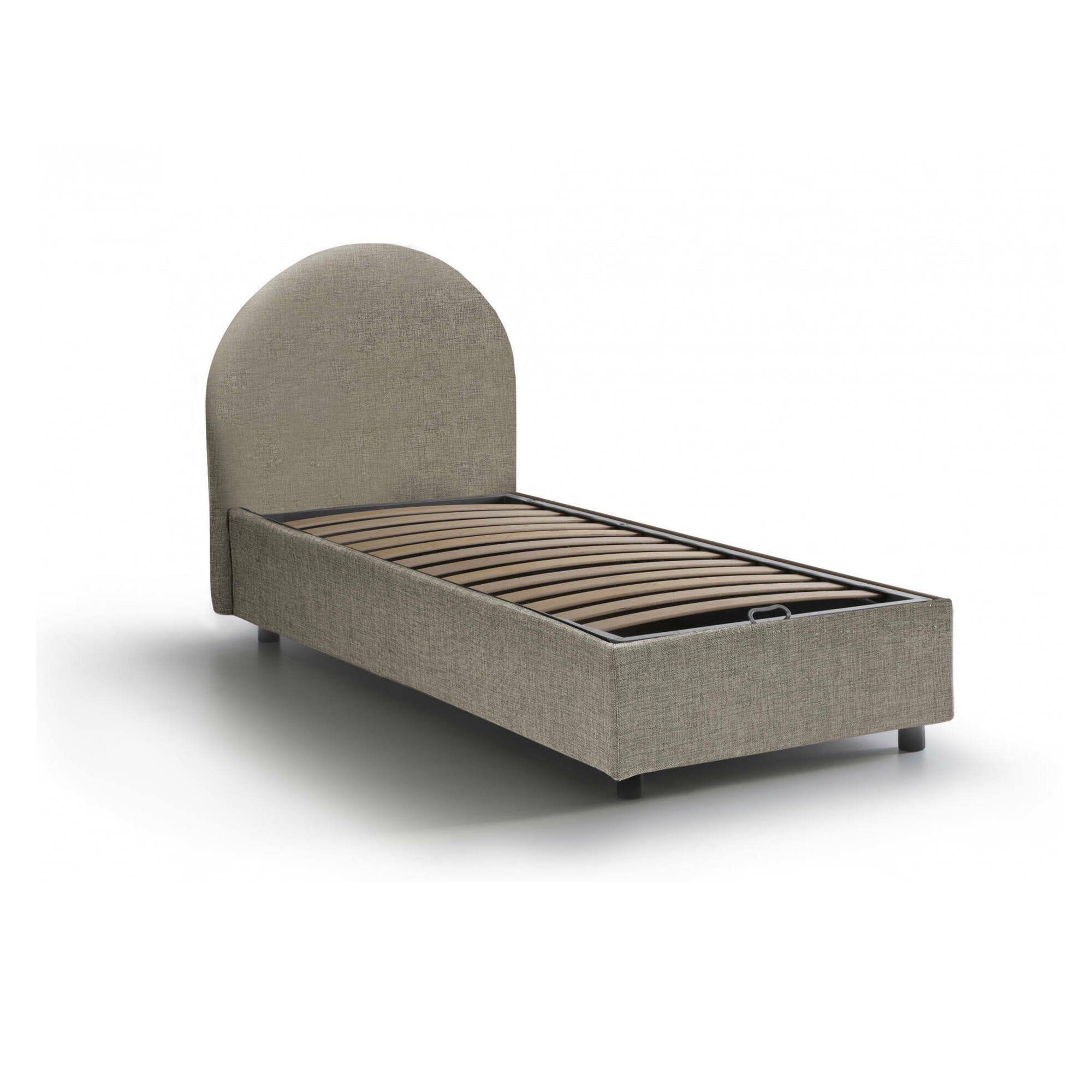 Letto singolo Amantea, Letto contenitore con rivestimento in tessuto, Made in Italy, Apertura frontale, adatto per materasso cm 80x190, Tortora