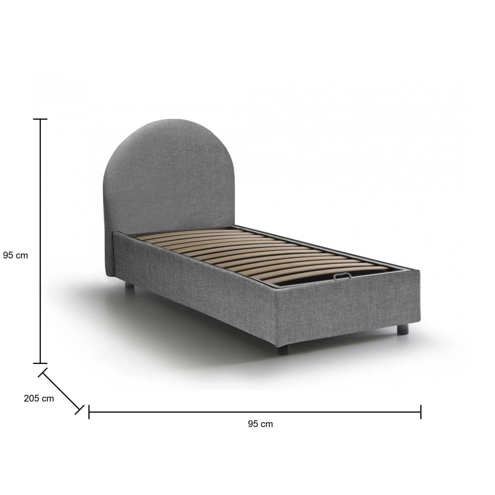 Letto singolo Amantea, Letto contenitore con rivestimento in tessuto, Made in Italy, Apertura frontale, adatto per materasso cm 80x190, Grigio