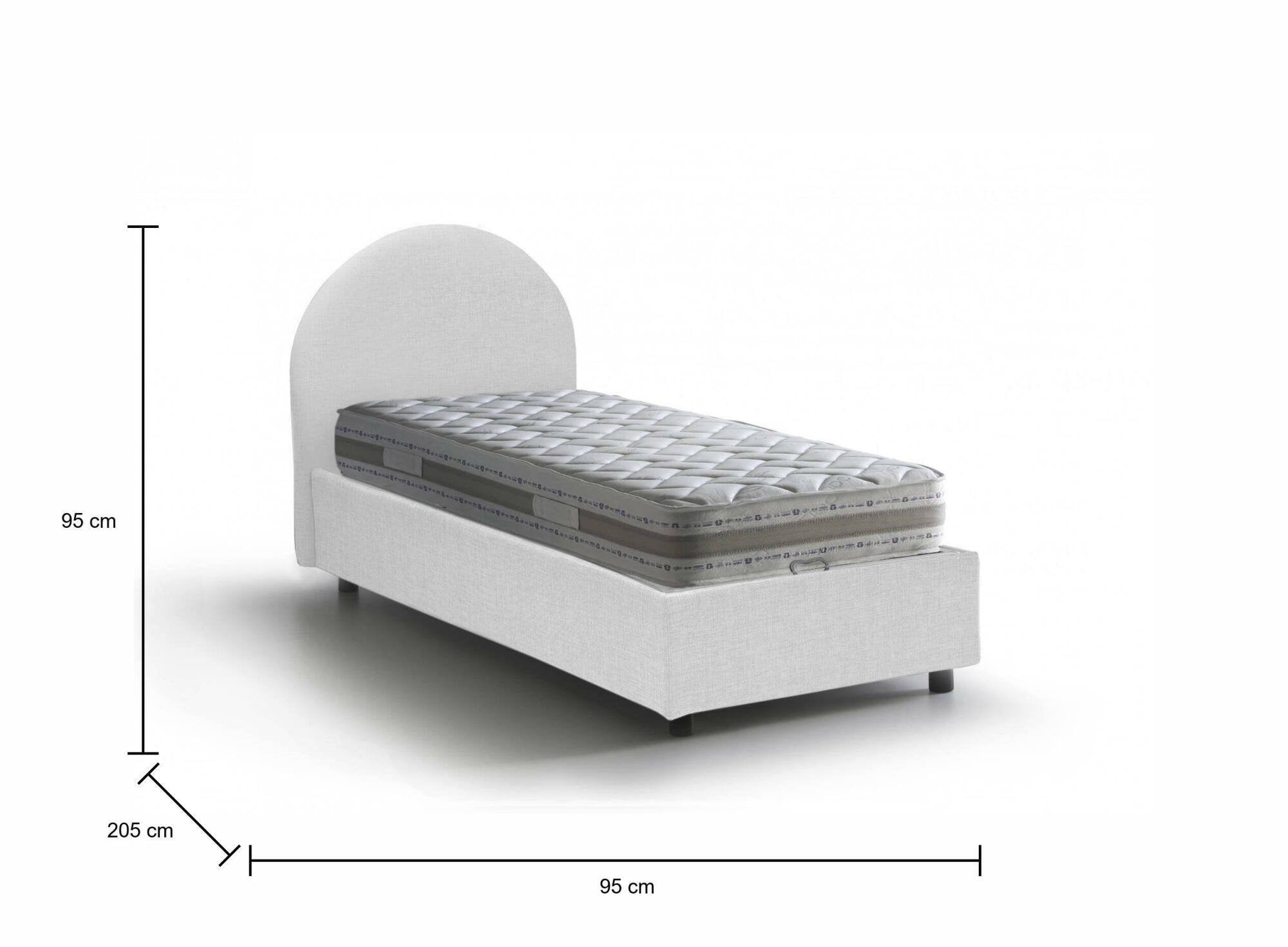 Letto singolo Egle, Letto contenitore con rivestimento in tessuto, Made in Italy, Apertura frontale, con materasso cm 80x190 incluso, Bianco