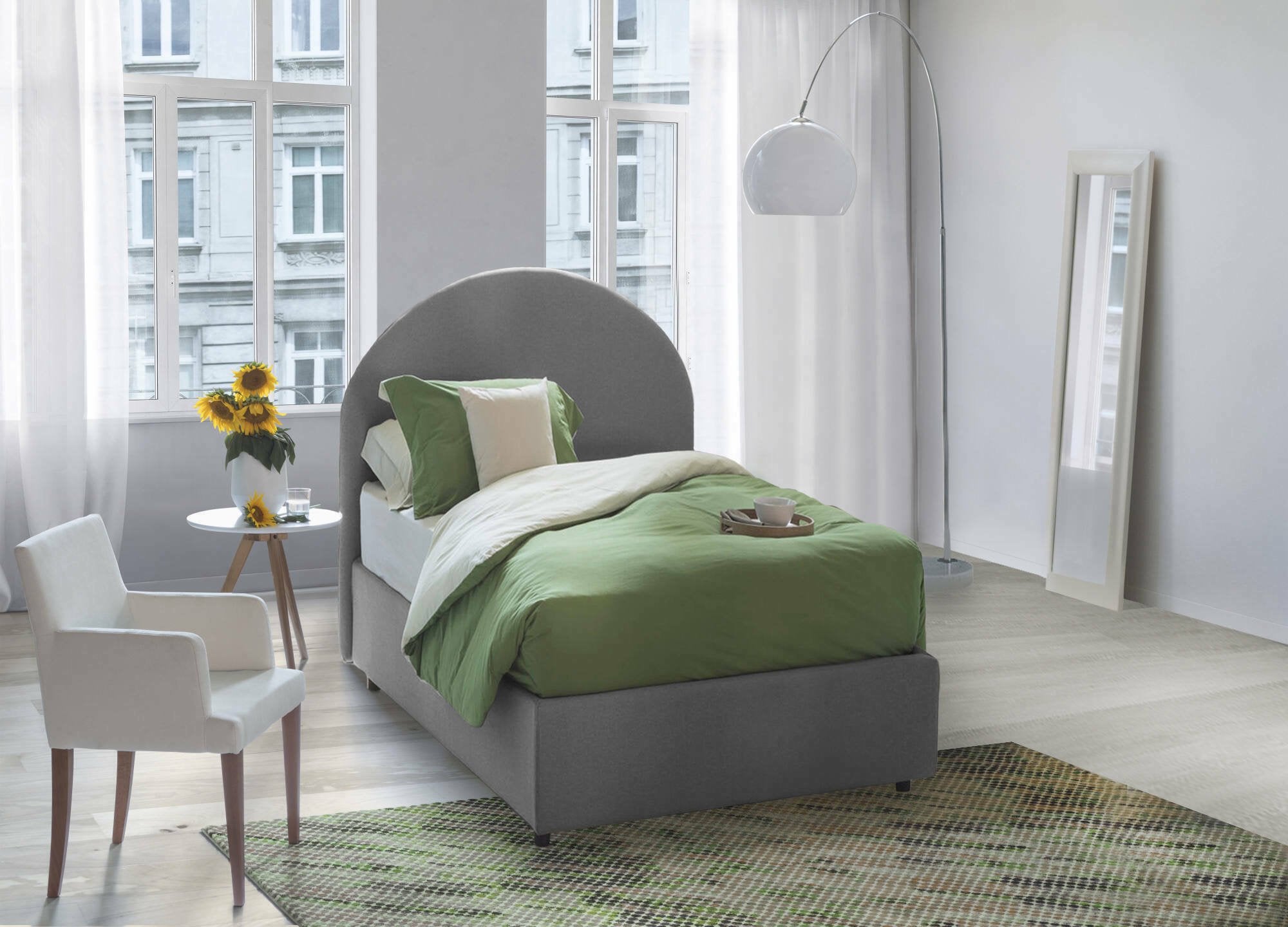 Letto singolo Egle, Letto contenitore con rivestimento in tessuto, Made in Italy, Apertura frontale, con materasso cm 80x190 incluso, Grigio