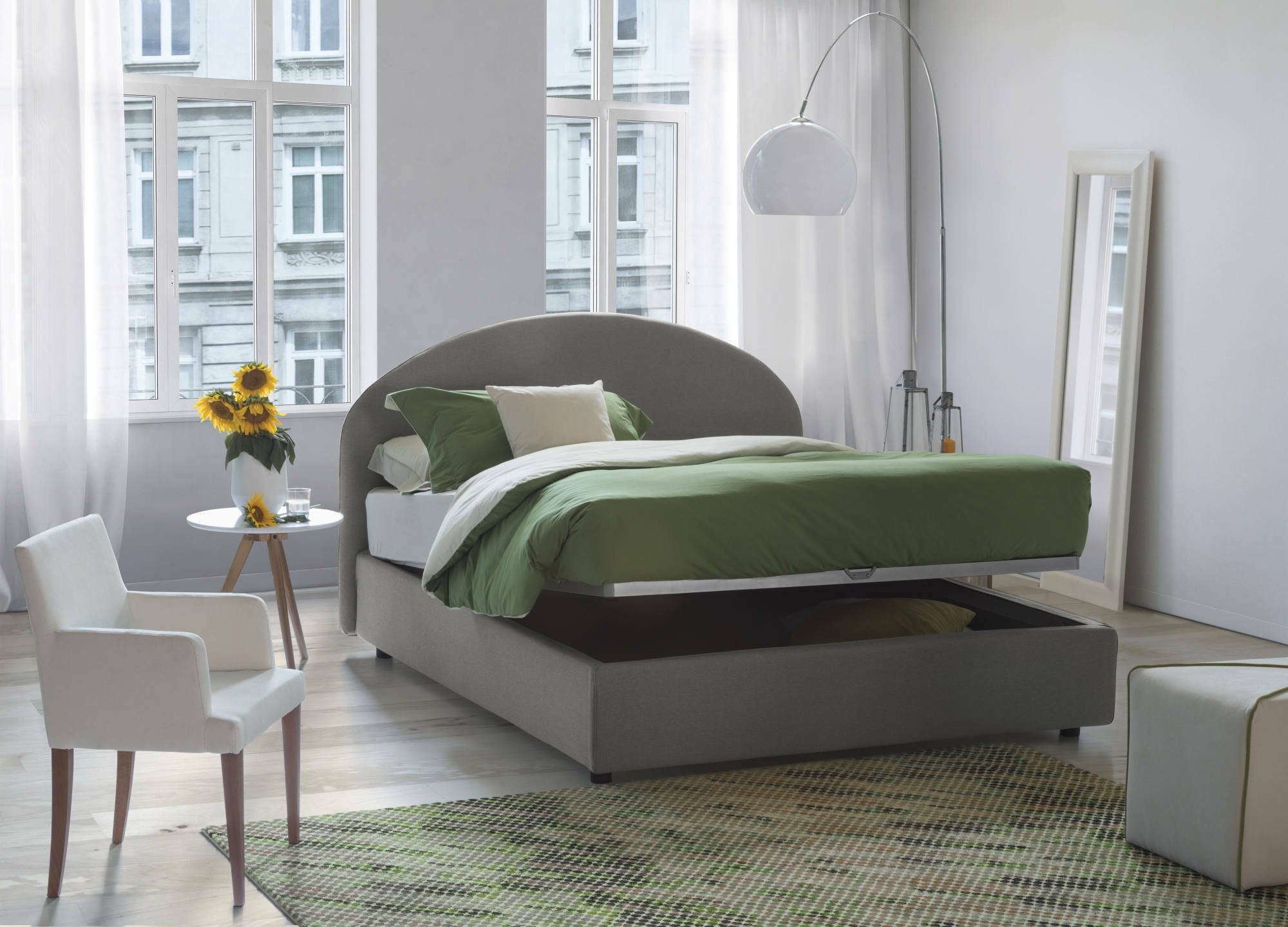 Letto piazza e mezza Akis, Letto contenitore con rivestimento in tessuto, Made in Italy, Apertura frontale, adatto per materasso cm 120x190, Grigio