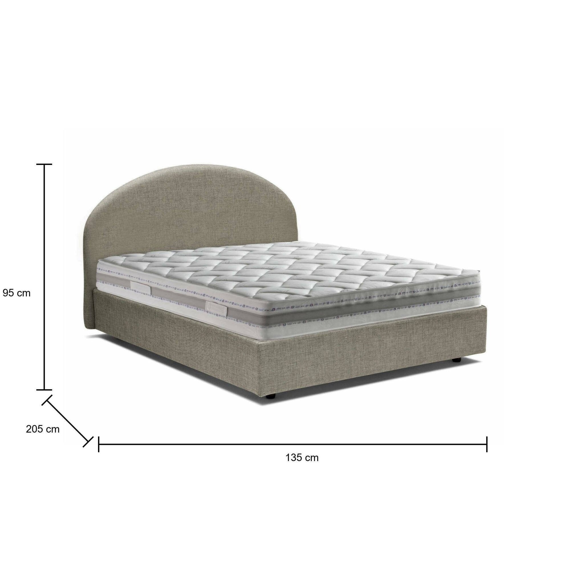 Letto piazza e mezza Acy, Letto contenitore con rivestimento in tessuto, Made in Italy, Apertura frontale, con materasso cm 120x190 incluso, Tortora