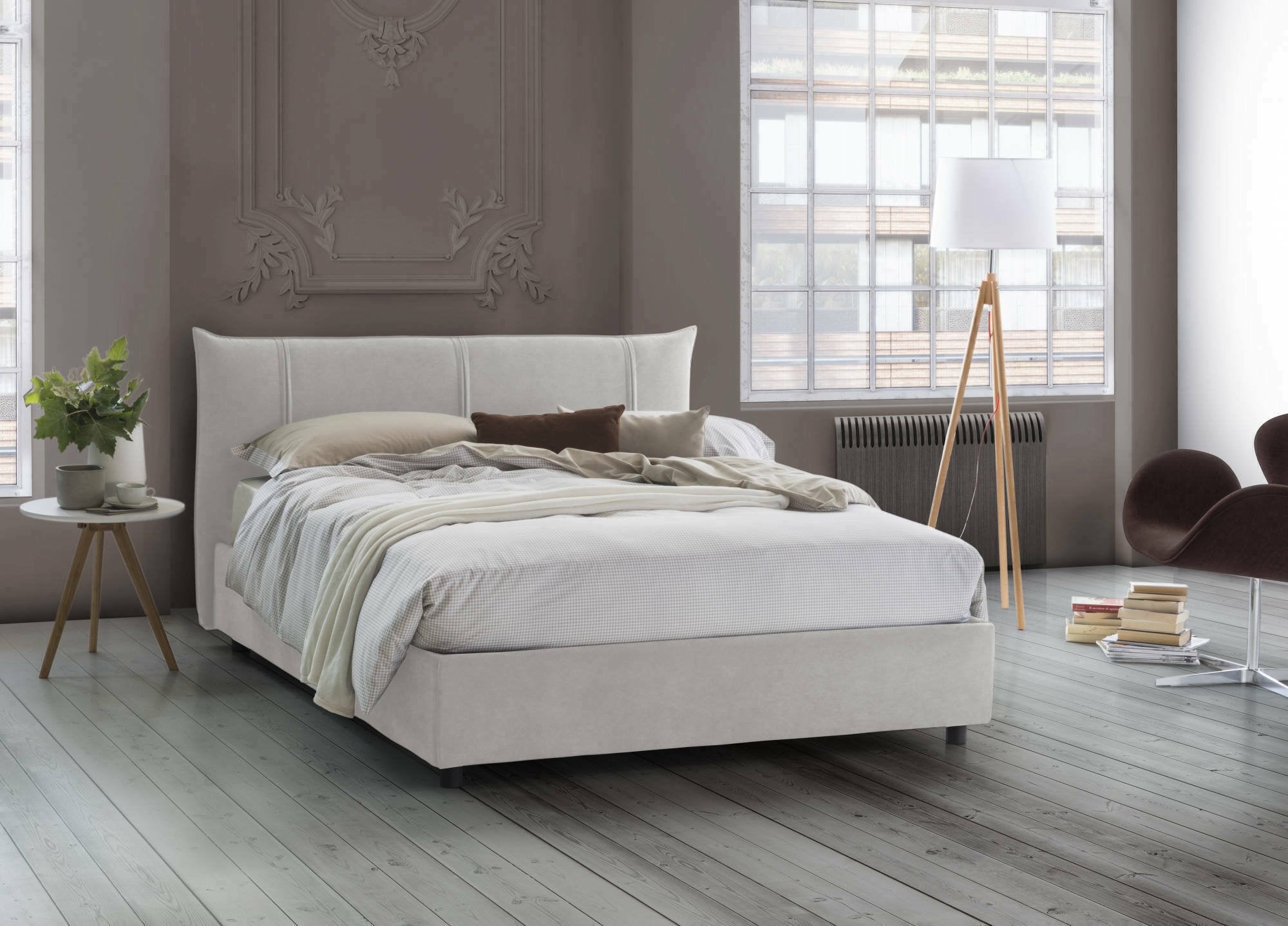 Letto matrimoniale Ambassador, Letto contenitore con rivestimento in tessuto, Made in Italy, Apertura frontale, adatto per materasso 160x200 cm, Bianco