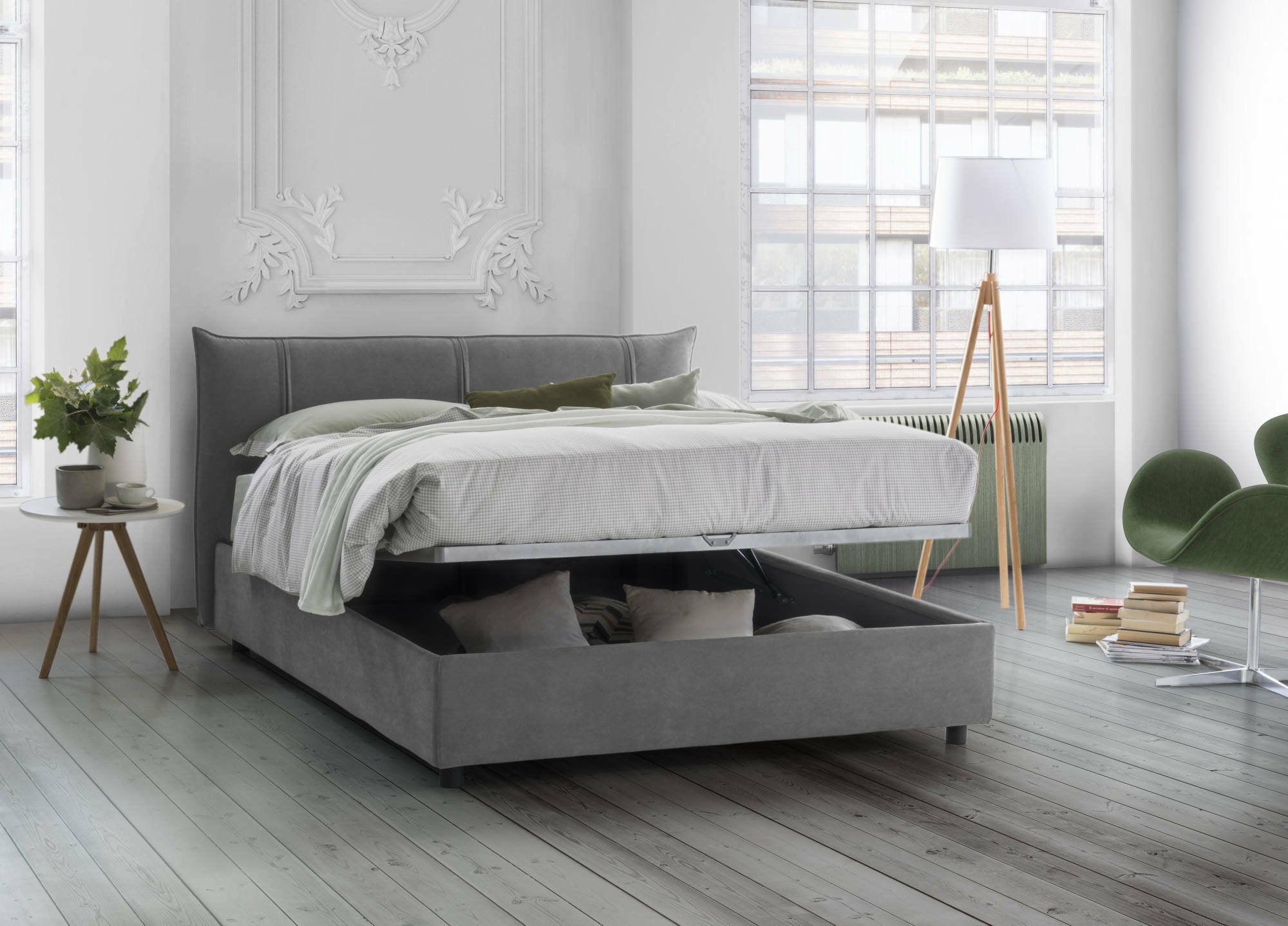 Letto matrimoniale Ambassador, Letto contenitore con rivestimento in tessuto, Made in Italy, Apertura frontale, adatto per materasso 160x200 cm, Grigio