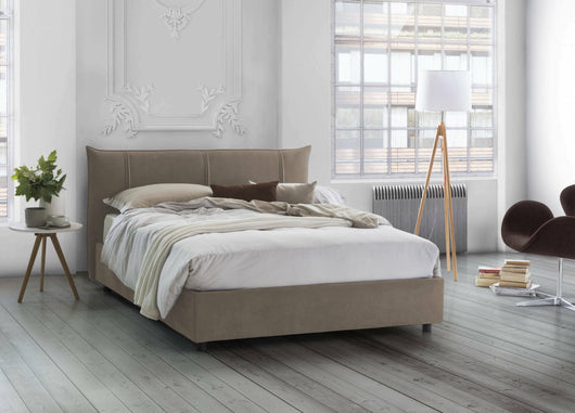 Letto matrimoniale Geras, Letto contenitore con rivestimento in tessuto, Made in Italy, Apertura frontale, con materasso 160x200 cm incluso, Tortora