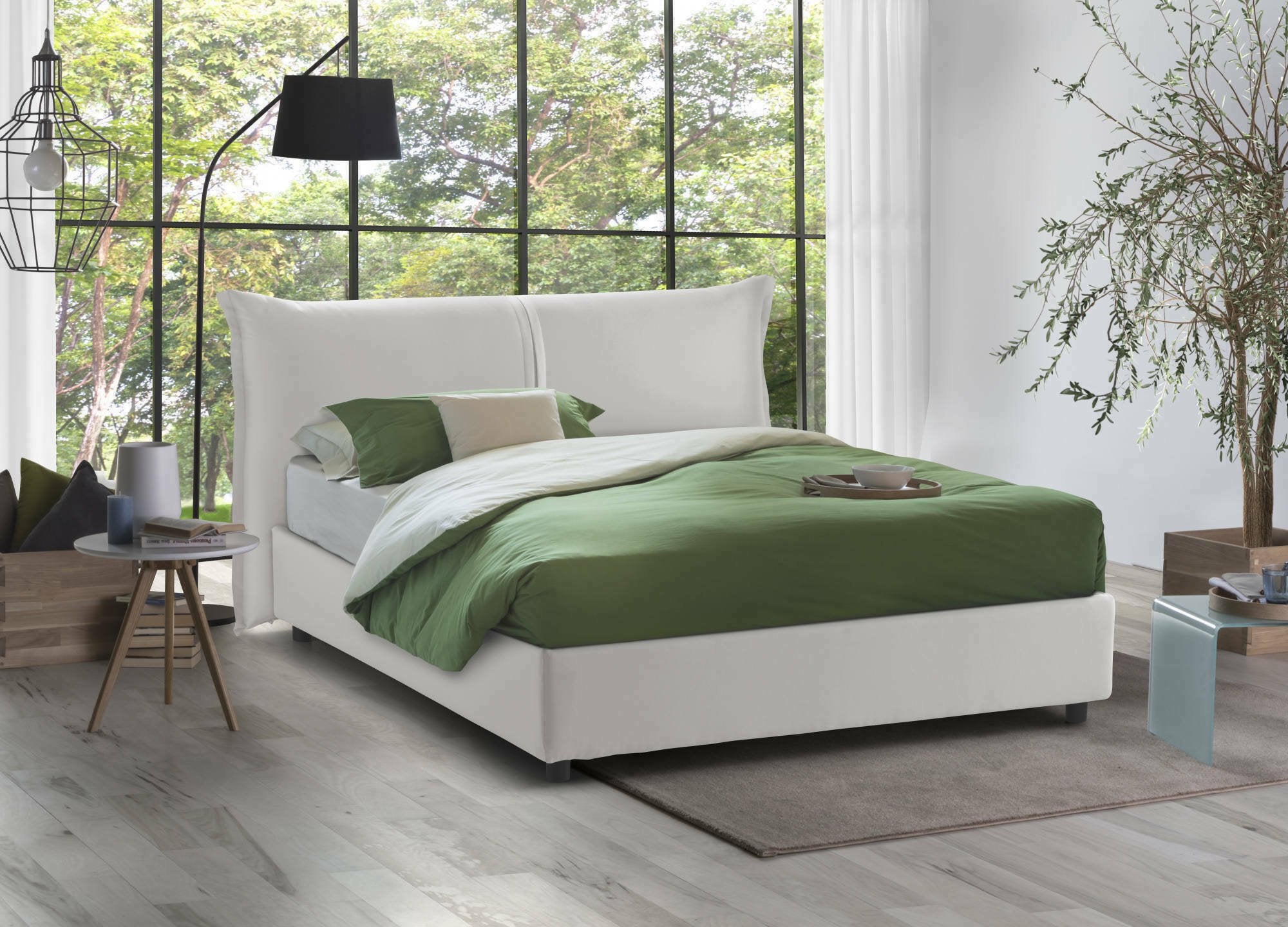 Letto matrimoniale Abarat, Letto contenitore con rivestimento in tessuto, Made in Italy, Apertura frontale, adatto per materasso 160x200 cm, Bianco