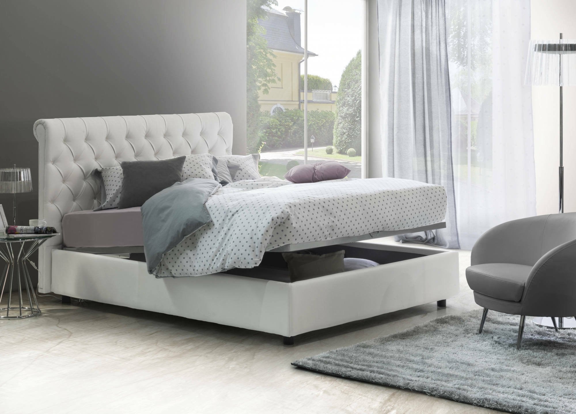 Letto matrimoniale Arnorld, Letto contenitore e testata in ecopelle, Made in Italy, Apertura frontale, Bianco, con incluso materasso da 160x190 cm