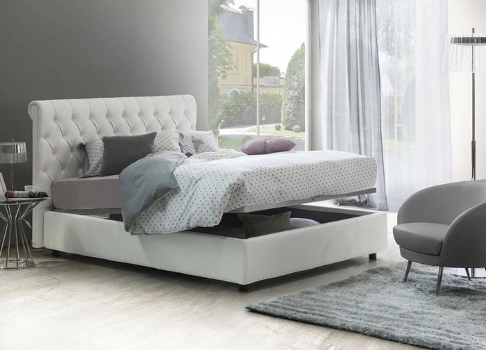 Letto matrimoniale Arnorld, Letto contenitore e testata in ecopelle, Made in Italy, Apertura frontale, Bianco, con incluso materasso da 160x190 cm