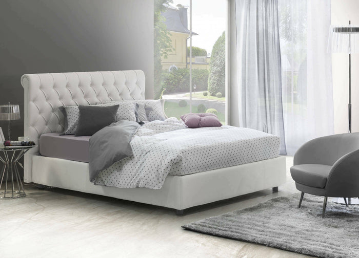 Letto matrimoniale Arnorld, Letto contenitore e testata in ecopelle, Made in Italy, Apertura frontale, Bianco, con incluso materasso da 160x190 cm