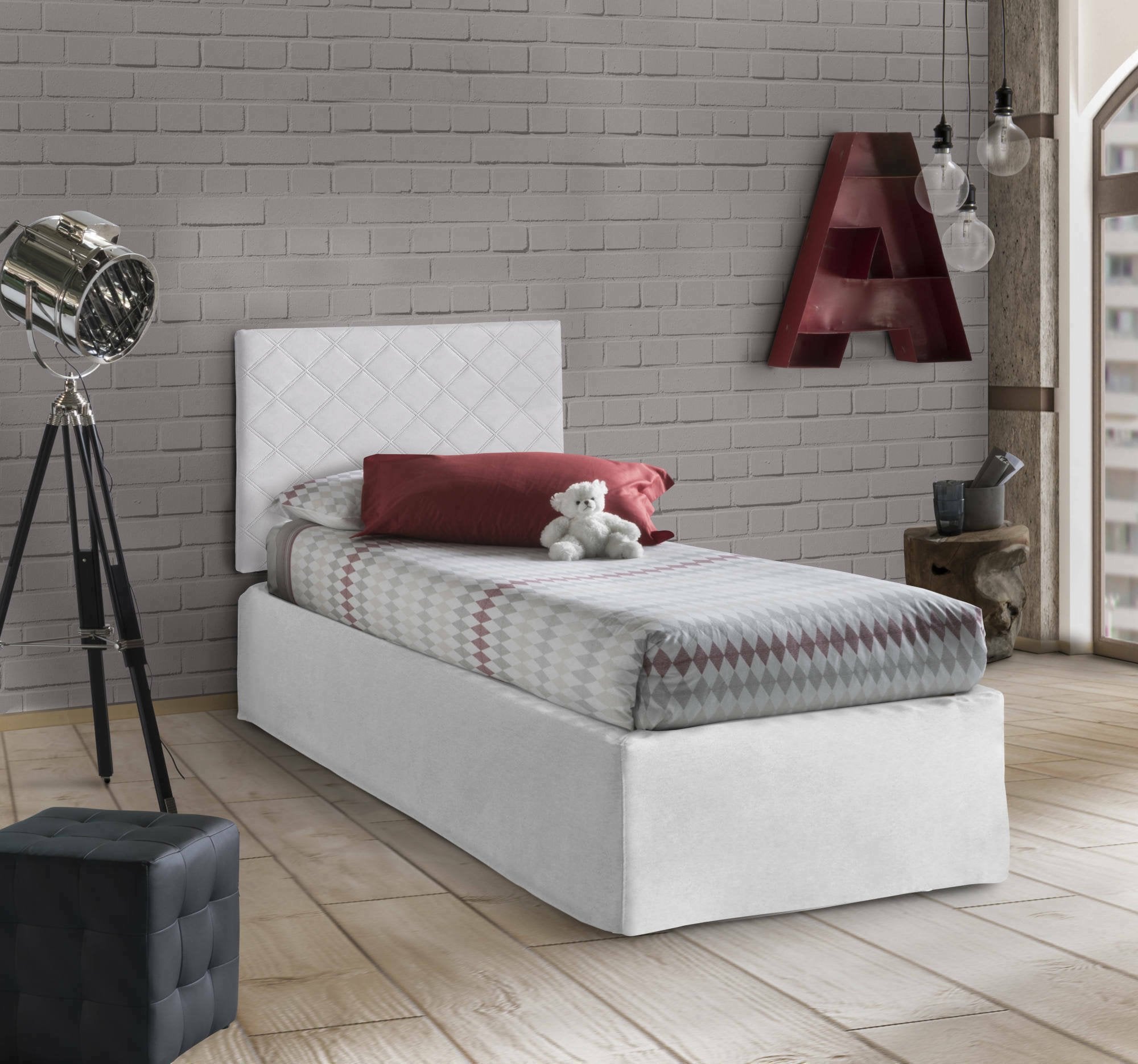 Letto singolo Accu, Set testata in ecopelle con rete ortopedica e mantovana, Made in Italy, adatta a letto Singolo, per materasso da cm 80x190, Bianco