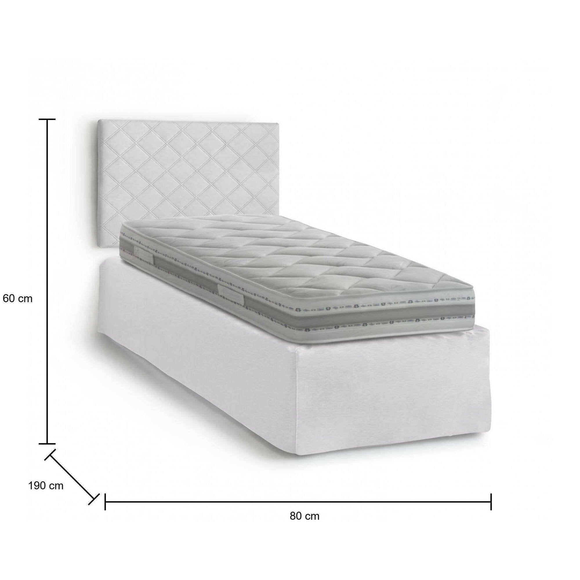 Letto singolo Ascra, Set testata in ecopelle con rete ortopedica e mantovana, Made in Italy, adatta a letto Singolo, materasso incluso, cm 80x190, Bianco