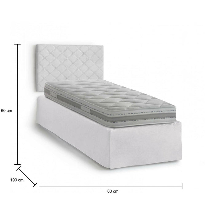Letto singolo Ascra, Set testata in ecopelle con rete ortopedica e mantovana, Made in Italy, adatta a letto Singolo, materasso incluso, cm 80x190, Bianco