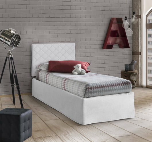 Letto singolo Ascra, Set testata in ecopelle con rete ortopedica e mantovana, Made in Italy, adatta a letto Singolo, materasso incluso, cm 80x190, Bianco