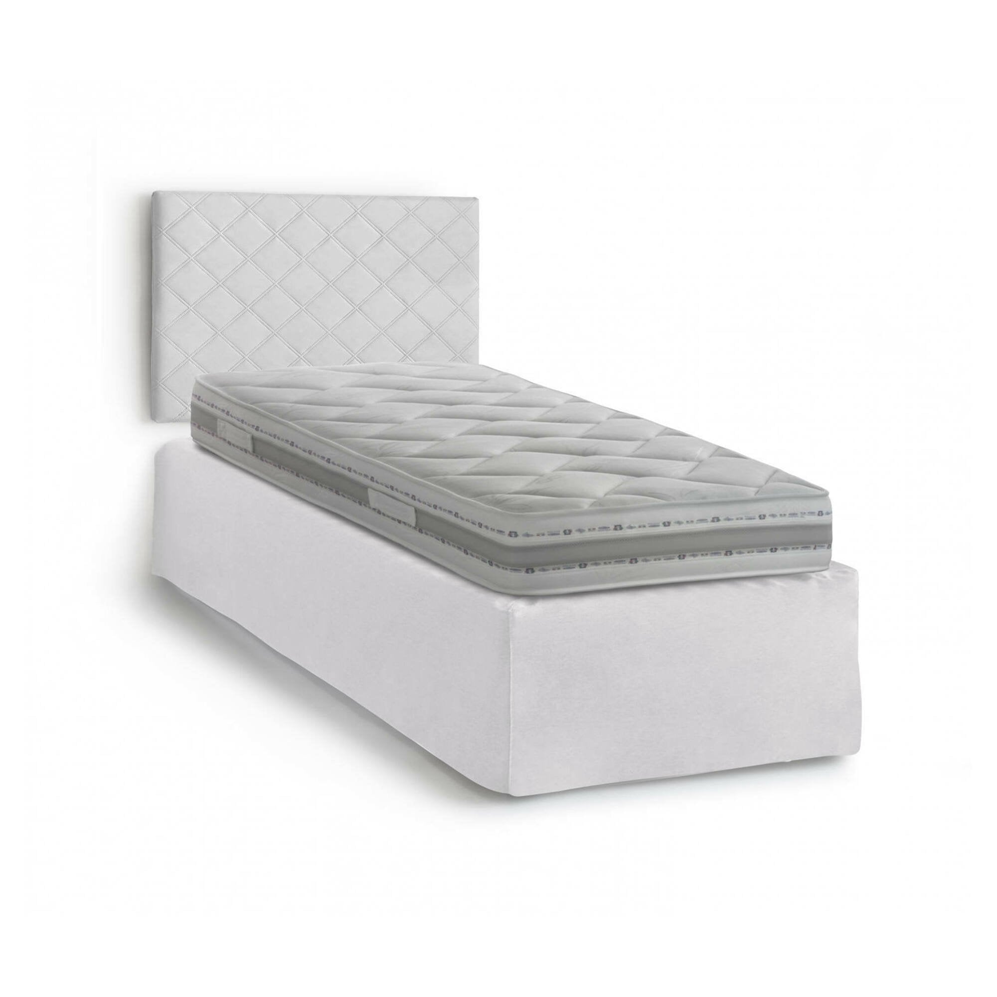 Letto singolo Ascra, Set testata in ecopelle con rete ortopedica e mantovana, Made in Italy, adatta a letto Singolo, materasso incluso, cm 80x190, Bianco