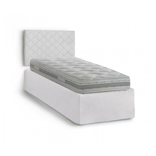 Letto singolo Ascra, Set testata in ecopelle con rete ortopedica e mantovana, Made in Italy, adatta a letto Singolo, materasso incluso, cm 80x190, Bianco