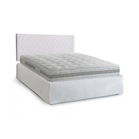Letto matrimoniale Delinda, Set testata in ecopelle con rete ortopedica e mantovana, Made in Italy, con materasso incluso, cm 160x190, Bianco