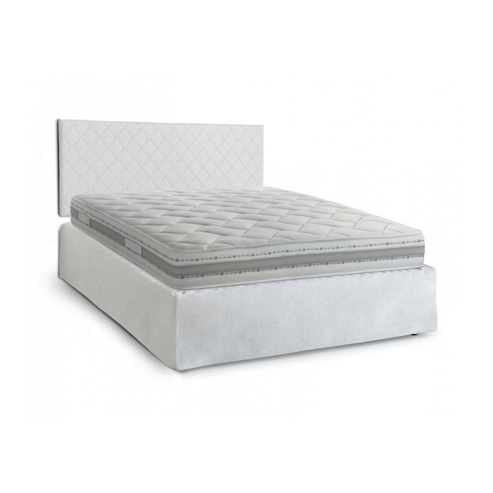 Letto matrimoniale Delinda, Set testata in ecopelle con rete ortopedica e mantovana, Made in Italy, con materasso incluso, cm 160x190, Bianco