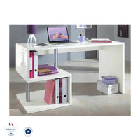 Scrivania moderna ad Esse per ufficio e studio con Atemis, Made in Italy, Tavolo da computer, Scrittoio porta PC, cm 140x60h78, Bianco lucido