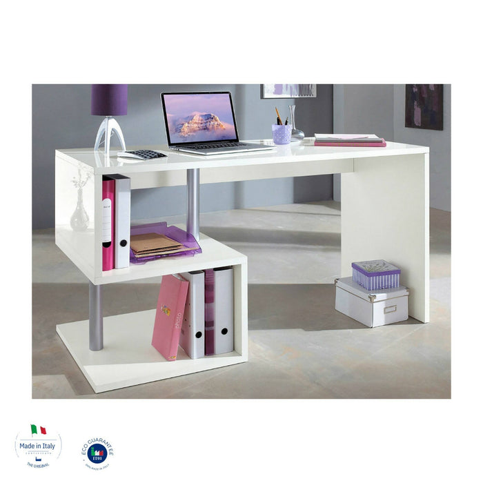 Scrivania moderna ad Esse per ufficio e studio con Atemis, Made in Italy, Tavolo da computer, Scrittoio porta PC, cm 140x60h78, Bianco lucido