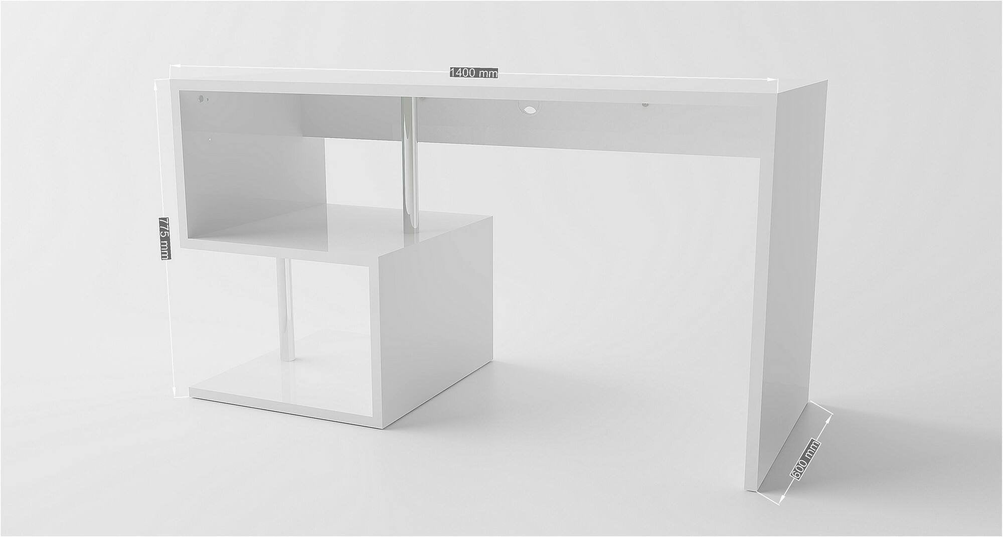 Scrivania moderna ad Esse per ufficio e studio con Atemis, Made in Italy, Tavolo da computer, Scrittoio porta PC, cm 140x60h78, Bianco lucido