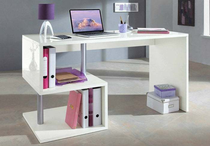 Scrivania moderna ad Esse per ufficio e studio con Atemis, Made in Italy, Tavolo da computer, Scrittoio porta PC, cm 140x60h78, Bianco lucido