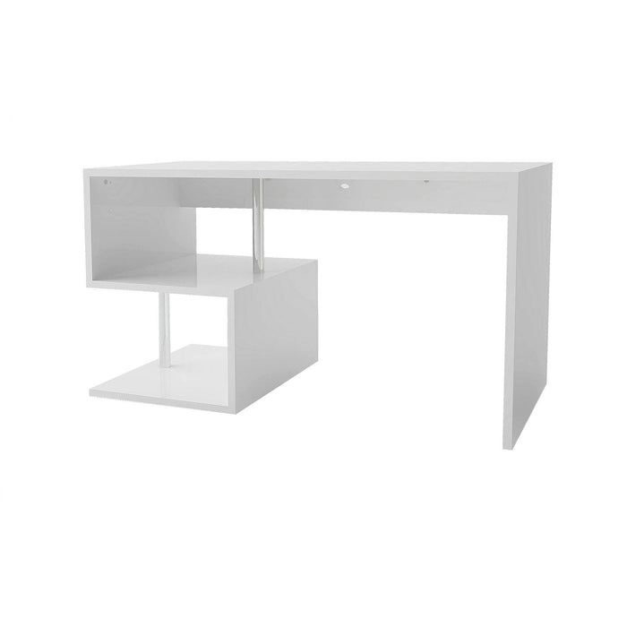 Scrivania moderna ad Esse per ufficio e studio con Atemis, Made in Italy, Tavolo da computer, Scrittoio porta PC, cm 140x60h78, Bianco lucido