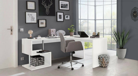 Scrivania ad angolo per ufficio con Giunone, Made in Italy, Tavolo da computer, Scrittoio porta PC, cm 160x60h78, Bianco lucido