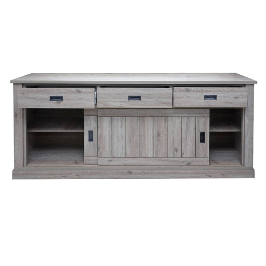 Credenza 0, Buffet stile vintage a 2 ante e cassetti, Madia con ripiani, Mobile da soggiorno, Rovere anticato, Cm 220x50h95