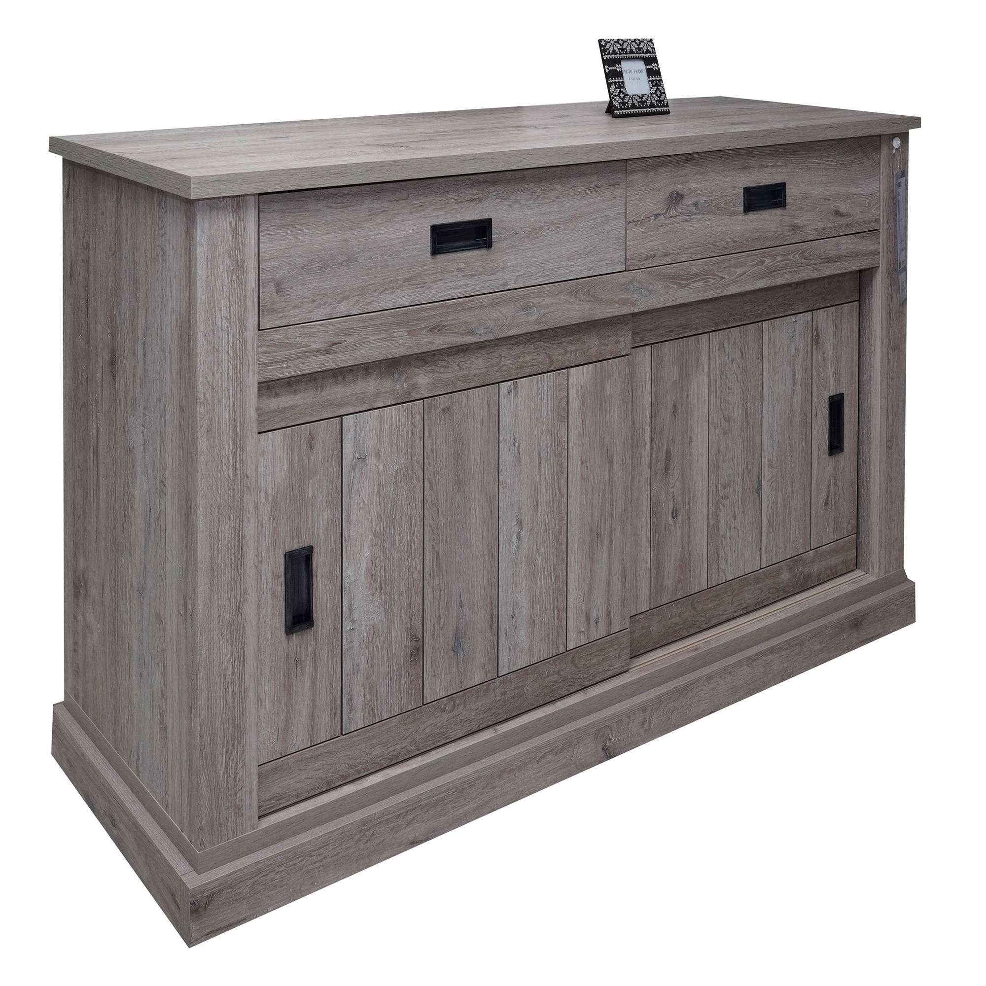 Credenza 0, Buffet stile vintage a 2 ante e cassetti, Madia con ripiani, Mobile da soggiorno, Rovere anticato, Cm 150x50h95
