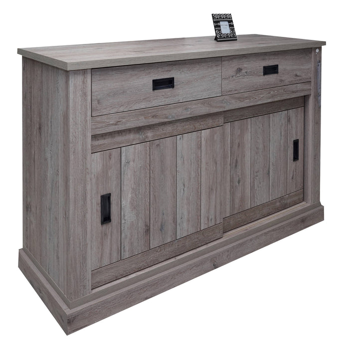 Credenza 0, Buffet stile vintage a 2 ante e cassetti, Madia con ripiani, Mobile da soggiorno, Rovere anticato, Cm 150x50h95