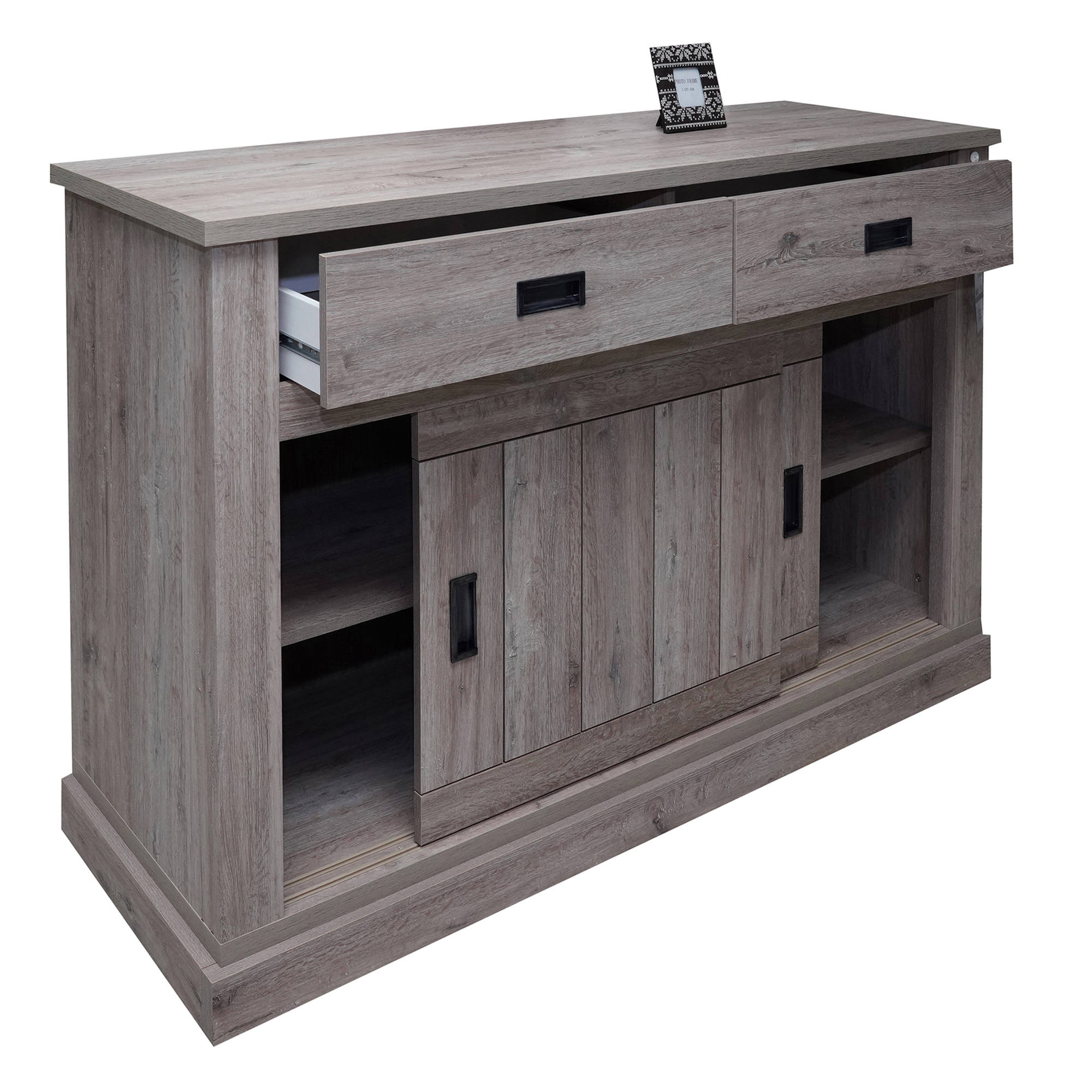 Credenza 0, Buffet stile vintage a 2 ante e cassetti, Madia con ripiani, Mobile da soggiorno, Rovere anticato, Cm 150x50h95