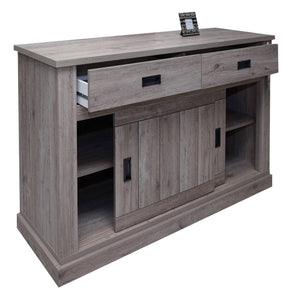 Credenza 0, Buffet stile vintage a 2 ante e cassetti, Madia con ripiani, Mobile da soggiorno, Rovere anticato, Cm 150x50h95