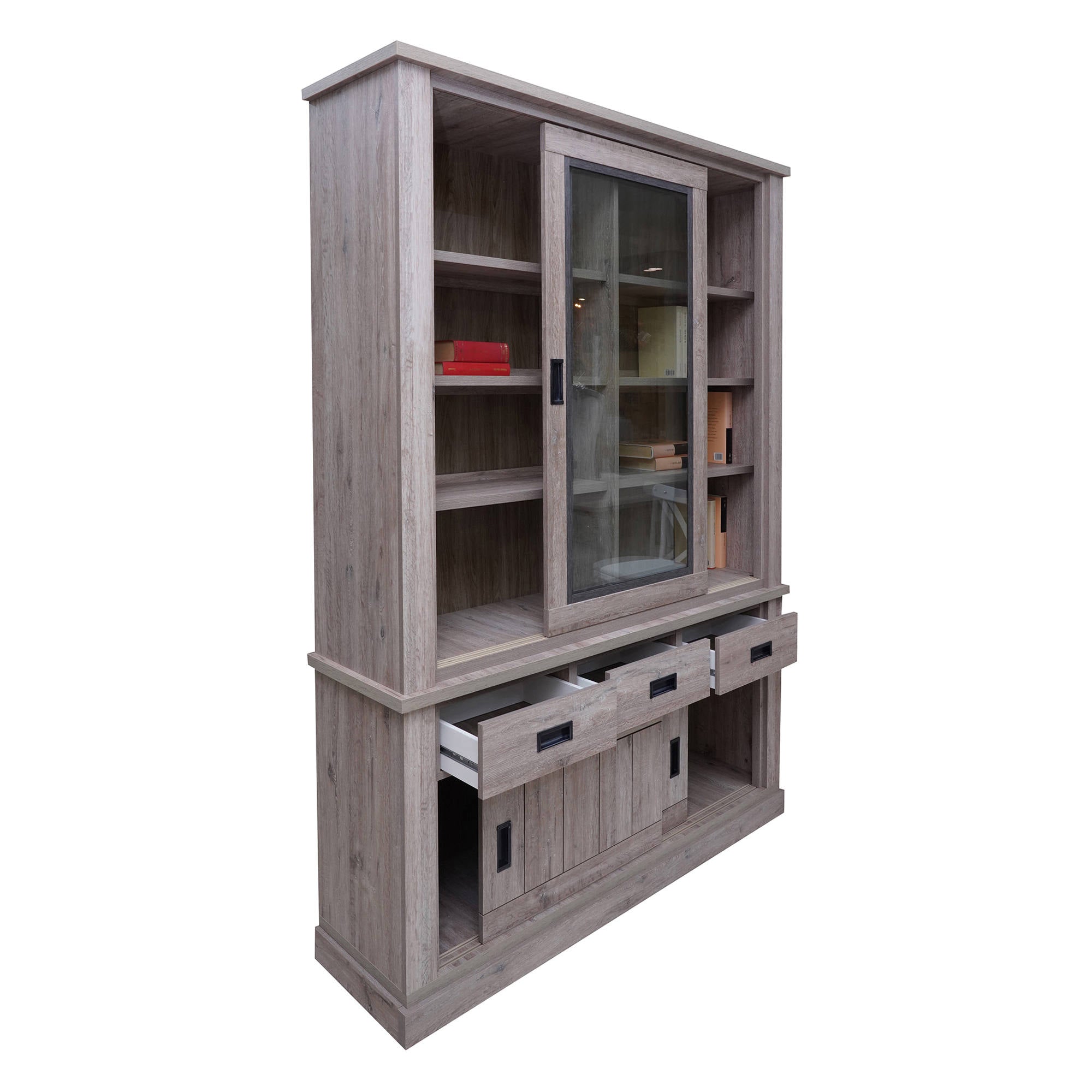 Credenza 0, Vetrina cristalliera a 4 ante e 3 cassetti, Madia alta da salotto, Cm 150x40h203, Rovere anticato