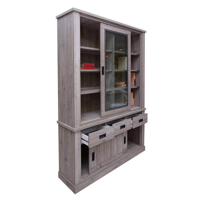 Credenza 0, Vetrina cristalliera a 4 ante e 3 cassetti, Madia alta da salotto, Cm 150x40h203, Rovere anticato