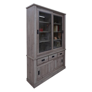 Credenza 0, Vetrina cristalliera a 4 ante e 3 cassetti, Madia alta da salotto, Cm 150x40h203, Rovere anticato