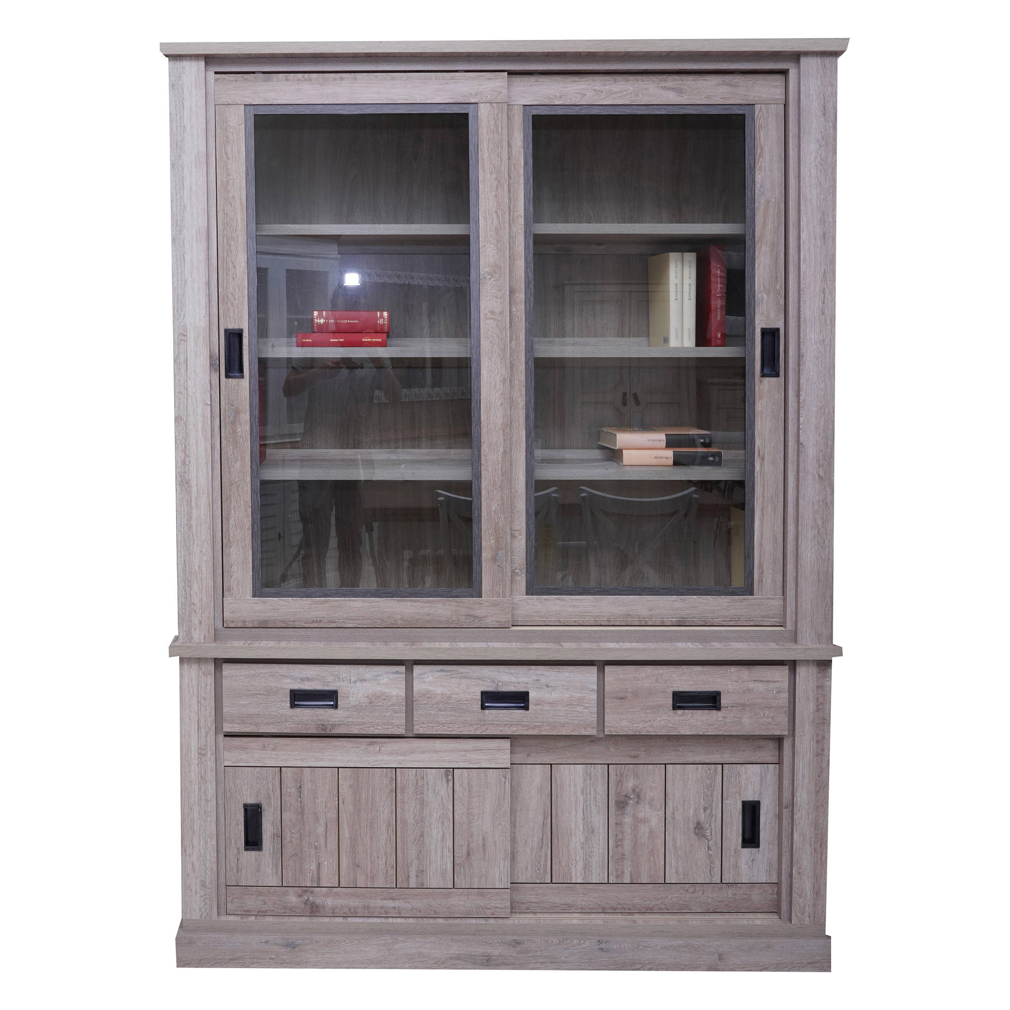Credenza 0, Vetrina cristalliera a 4 ante e 3 cassetti, Madia alta da salotto, Cm 150x40h203, Rovere anticato
