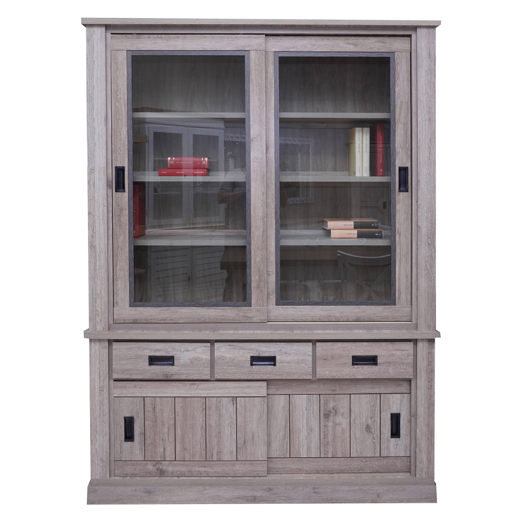 Credenza 0, Vetrina cristalliera a 4 ante e 3 cassetti, Madia alta da salotto, Cm 150x40h203, Rovere anticato