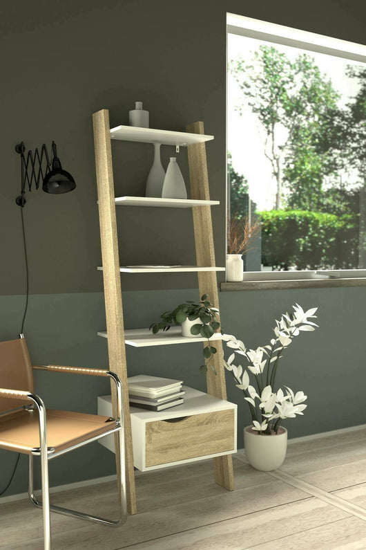Libreria con un cassetto e quattro Acascia, colore bianco e rovere, cm 55 x 180 x 48.