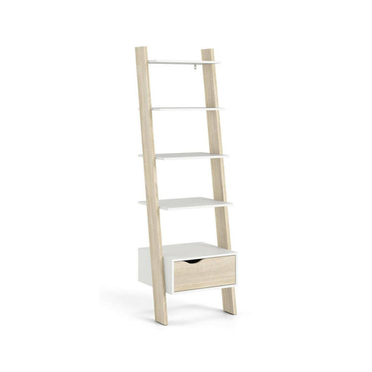 Libreria con un cassetto e quattro Acascia, colore bianco e rovere, cm 55 x 180 x 48.