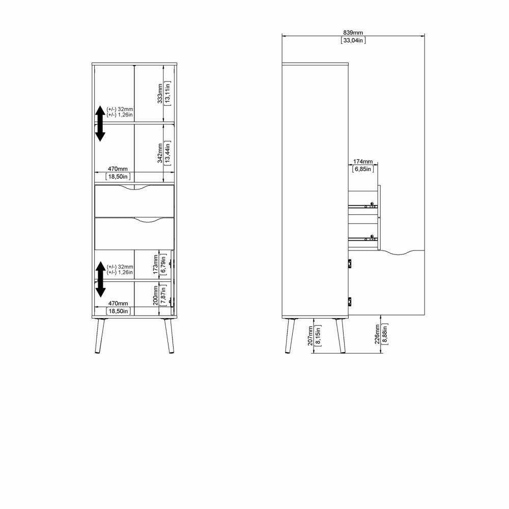 Libreria in stile scandi a due ripiani due cassetti e Assesor, colore bianco e rovere, Misure 50 x 171 x 39 cm