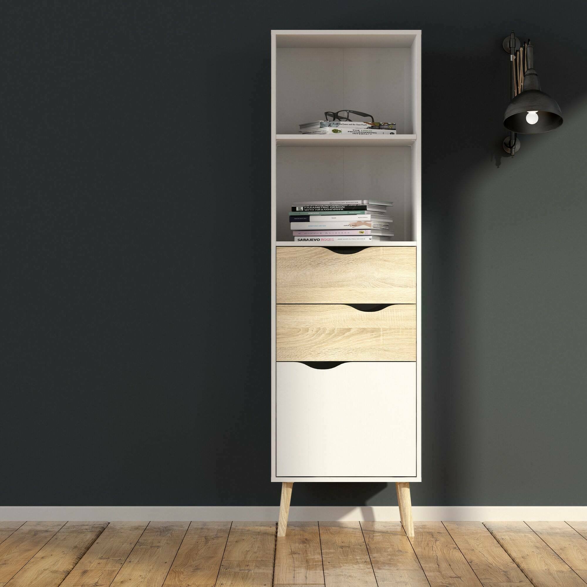 Libreria in stile scandi a due ripiani due cassetti e Assesor, colore bianco e rovere, Misure 50 x 171 x 39 cm