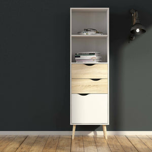 Libreria in stile scandi a due ripiani due cassetti e Assesor, colore bianco e rovere, Misure 50 x 171 x 39 cm