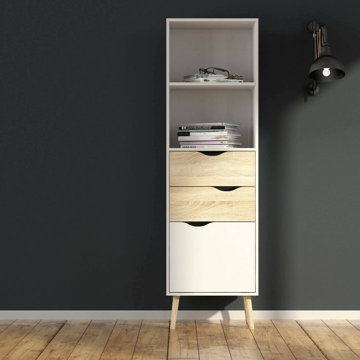 Libreria in stile scandi a due ripiani due cassetti e Assesor, colore bianco e rovere, Misure 50 x 171 x 39 cm