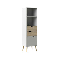 Libreria in stile scandi a due ripiani due cassetti e Assesor, colore bianco e rovere, Misure 50 x 171 x 39 cm