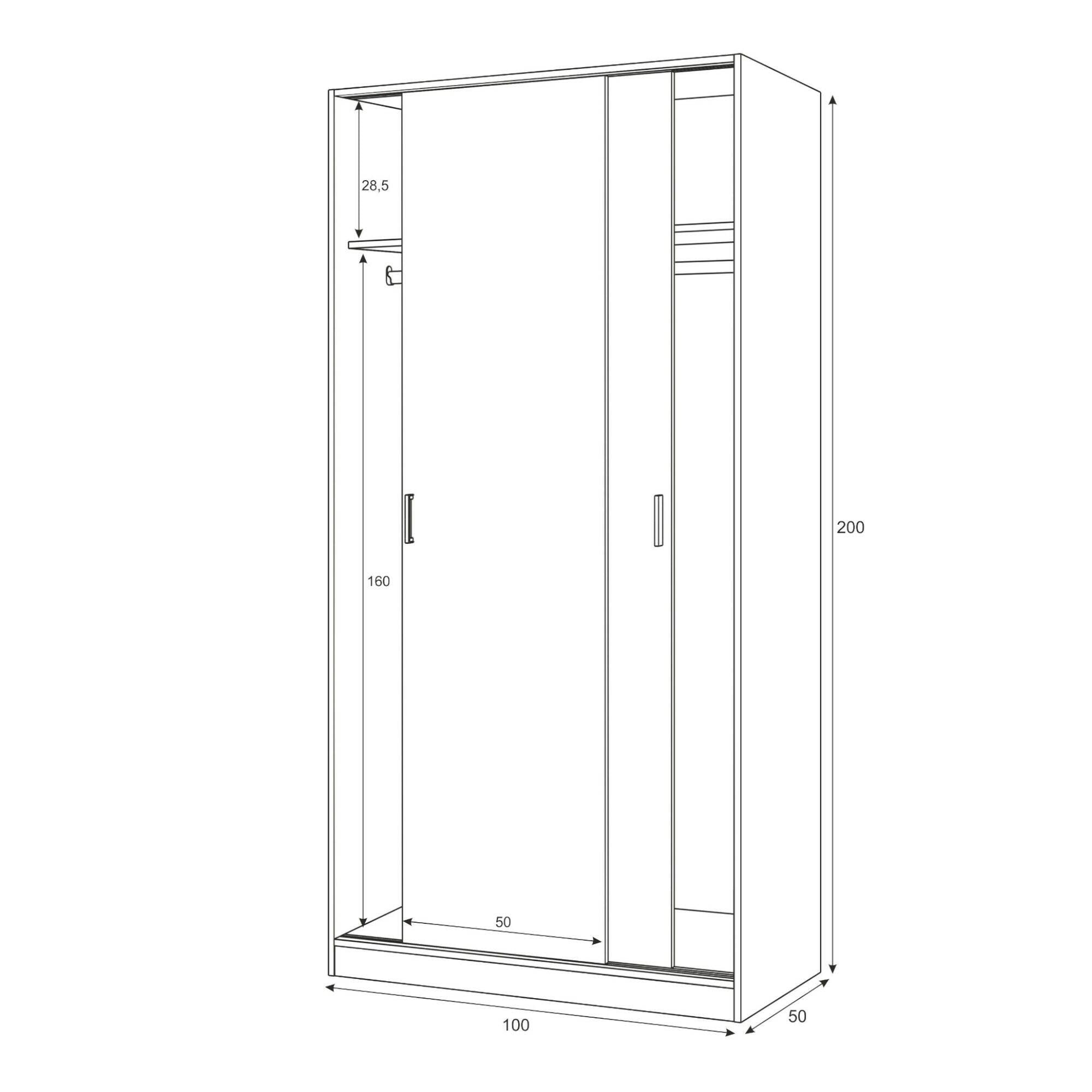 Guardaroba Alt, Armadio per camera da letto a 2 ante scorrevoli, Mobile con ripiano e barra appendiabiti, cm 100x50h200, Rovere