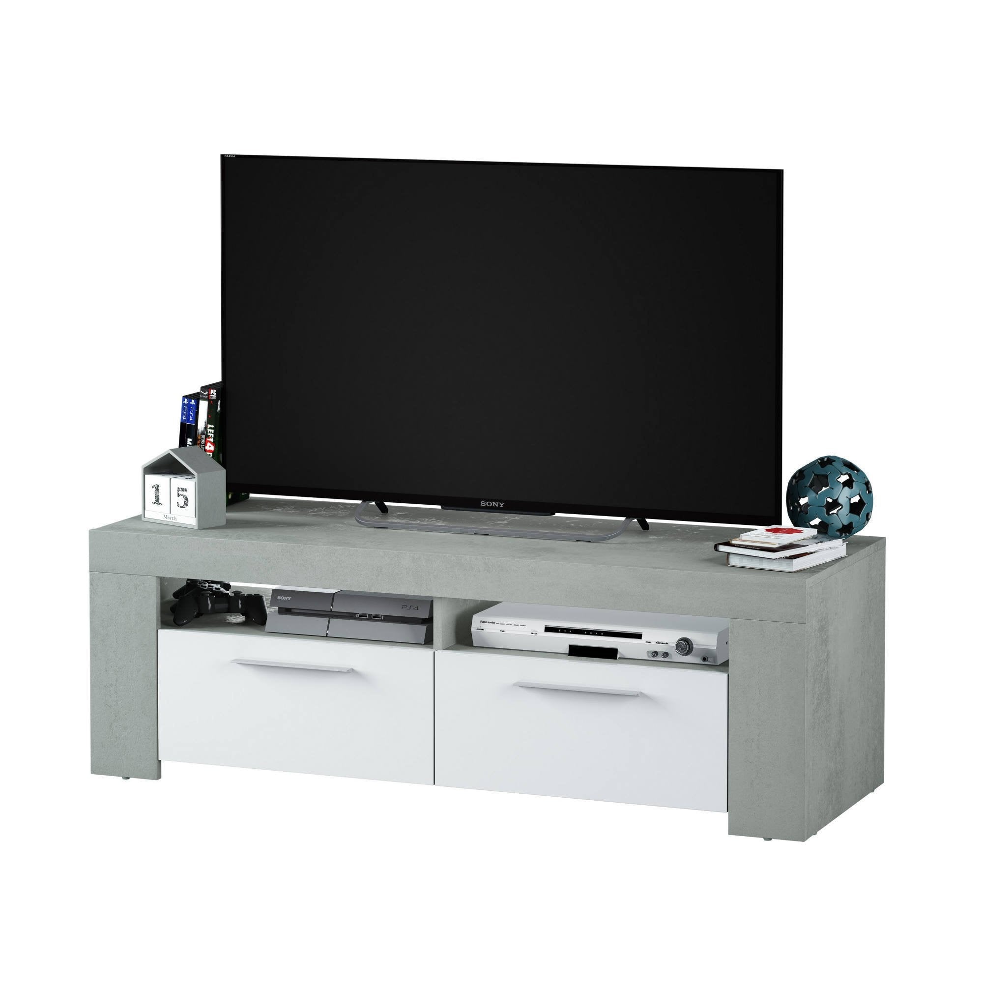 Mobile porta TV Sparaxis, Credenza per televisione da soggiorno, Supporto TV a 2 ante, Credenza bassa da salotto, cm 120x42h40, Bianco e Cemento