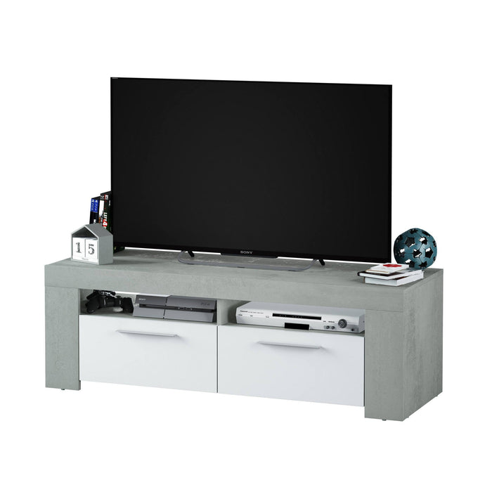 Mobile porta TV Sparaxis, Credenza per televisione da soggiorno, Supporto TV a 2 ante, Credenza bassa da salotto, cm 120x42h40, Bianco e Cemento