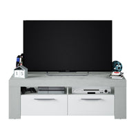 Mobile porta TV Sparaxis, Credenza per televisione da soggiorno, Supporto TV a 2 ante, Credenza bassa da salotto, cm 120x42h40, Bianco e Cemento