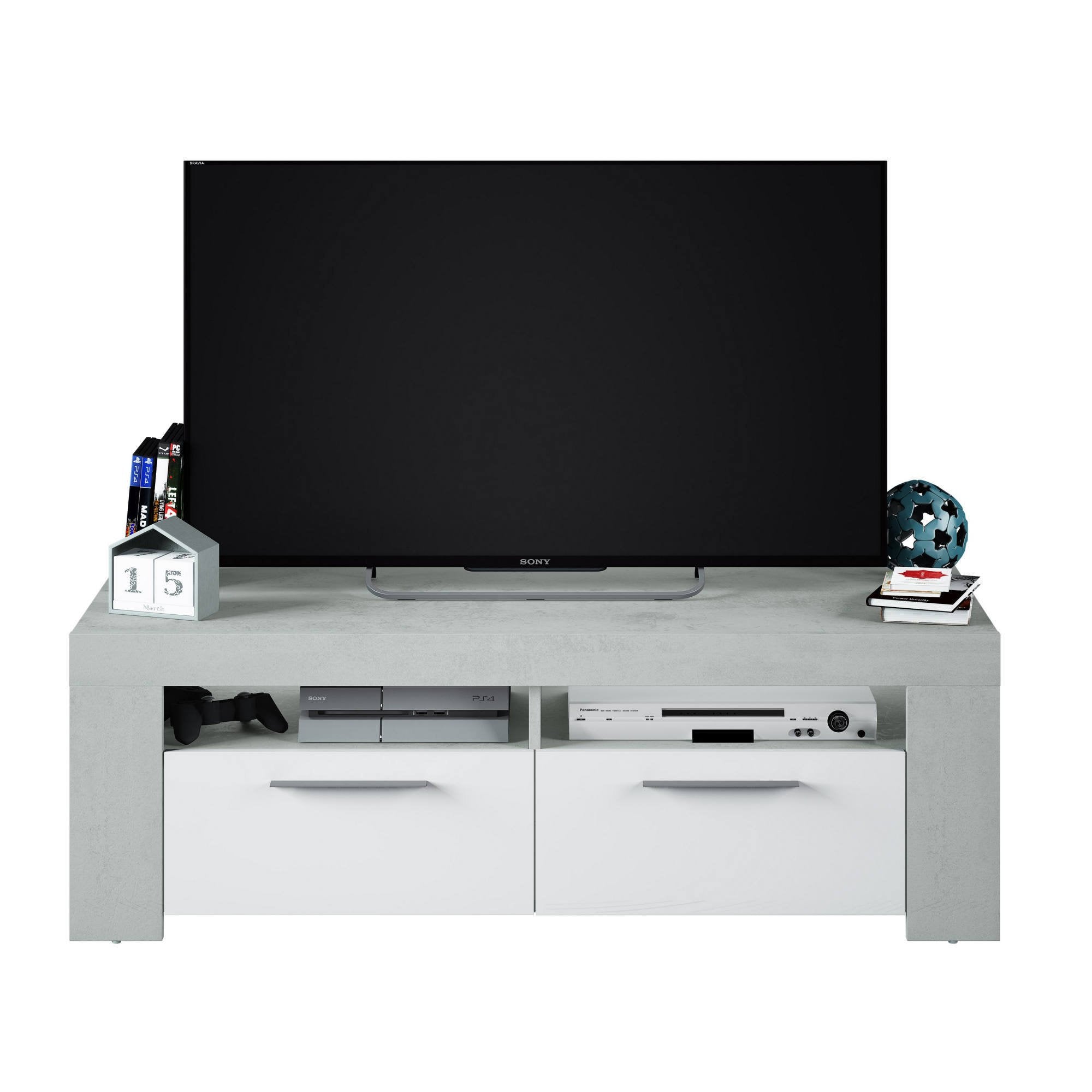 Mobile porta TV Sparaxis, Credenza per televisione da soggiorno, Supporto TV a 2 ante, Credenza bassa da salotto, cm 120x42h40, Bianco e Cemento